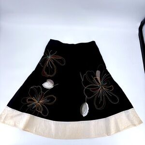 Sherry Taylor Linen Cotton Embroidered Floral Swing Skirt Black Cream Size Large